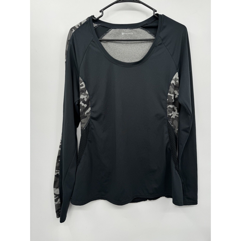 Fabletics L Long Sleeve Top Womens Black Grey Camo‎ Mesh Thumbholes Activewear